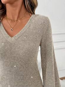 SHEIN Clasi Black Brushed V-Neck Long Sleeve Short Knit Dress For Women, Autumn/Winter - Khaki - View 6