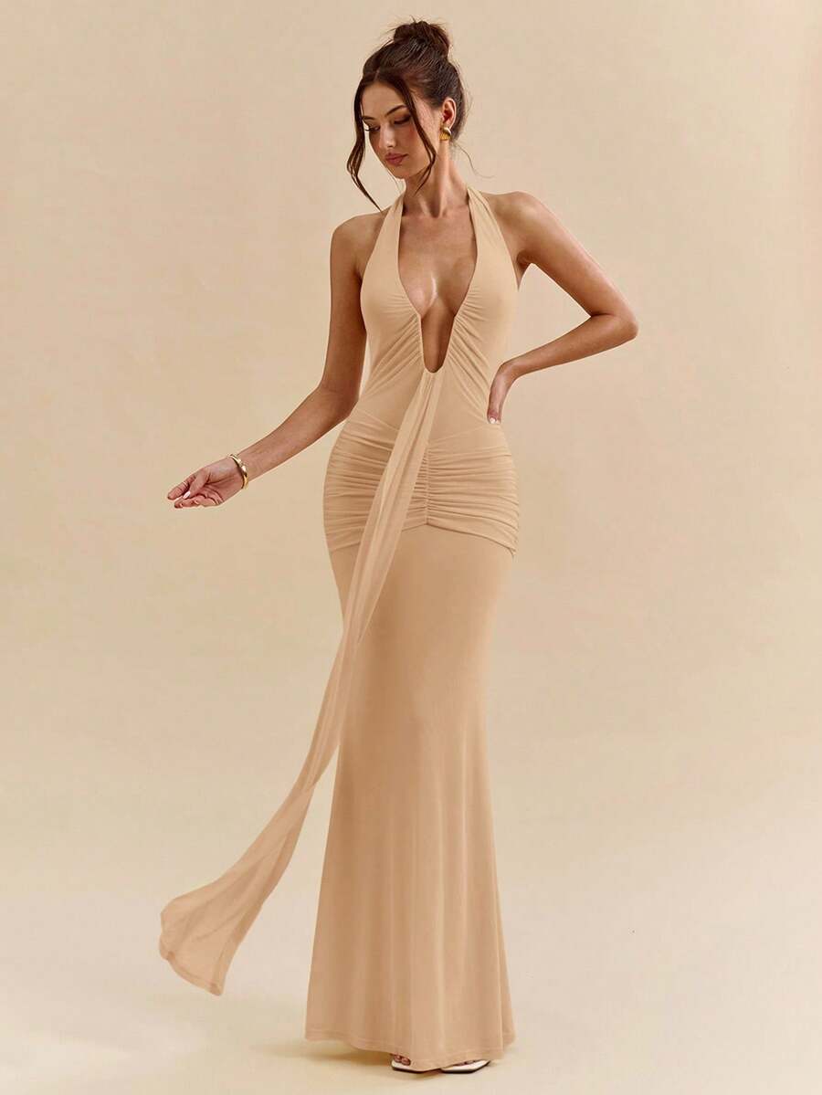 SHEIN BAE 黄色奶油色性感深V领优雅吊带长裙，适合春夏穿着 - 卡其色 - 查看 1