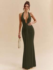 SHEIN BAE 优雅的米黄色性感深V领连衣裙，黄色连衣裙，优雅长裙，春夏款 - 軍綠色 - 查看 5