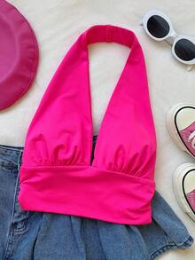 SHEIN EZwear Summer Solid Backless Crop Pink Halter Top - Hot Pink - View 5