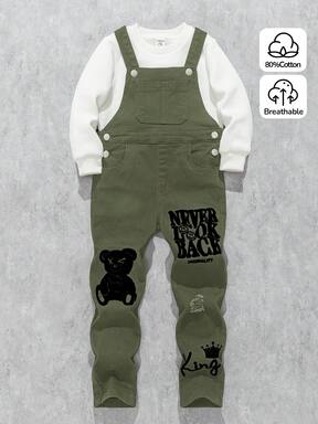 SHEIN 男童街头酷炫熊字母图案高弹力修身黑色牛仔背带连体裤，休闲百搭，适合男童秋冬穿着