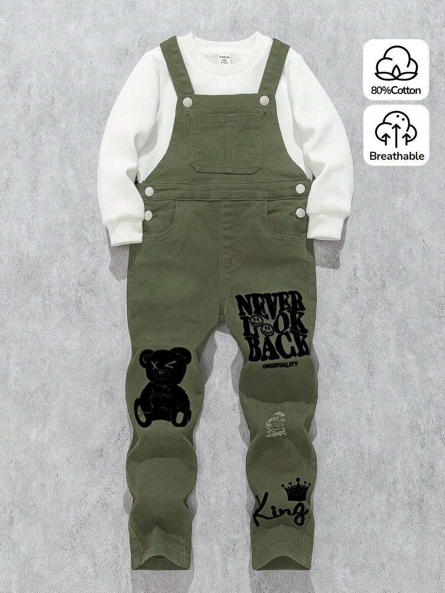 SHEIN Young Boys' Street Cool Bear And Letter Pattern High Elasticity Skinny Black Denim Overalls Jumpsuit ,Casual And Versatile For Young Boys Fall/Winter Clothes - Army Green - View 1