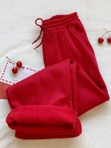 SHEIN EZwear Pebble Seam Detail Straight Leg Sweatpants - Red - View 4