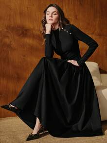 Anewsta Elegant Knit Patchwork Belted Maxi Dress With Flared Hem, Long Sleeve Round Neck, Autumn/Winter, Suitable For Formal, Party, Work, Wedding, Christmas, New Year