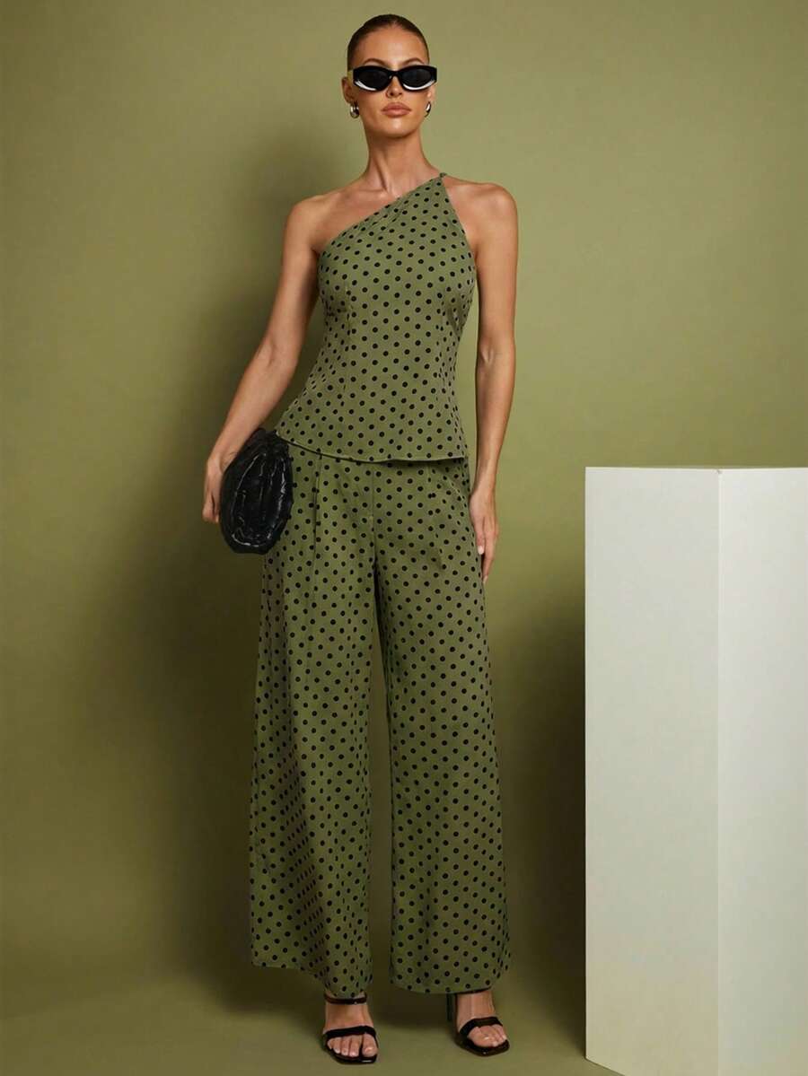 COSMINA Women's Casual Polka Dot Print Sleeveless Top And Pants 2 Pieces Set, Summer, Green Set Women, Pants And Top Set, Wide Leg Pants Set, Green Two Pieces - Olive Green - View 1