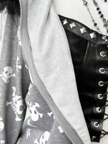 Sunspun Hanorac retro închis la culoare, soft punk, Harajuku, cu imprimeu de craniu, pentru femei, începutul toamnei