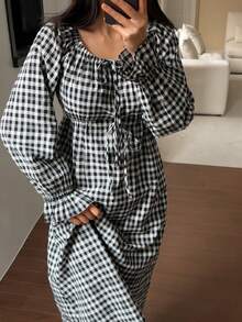 DAZY 甜美格子收腰长款连衣裙家居服女款 - 黑與白 - 查看 4
