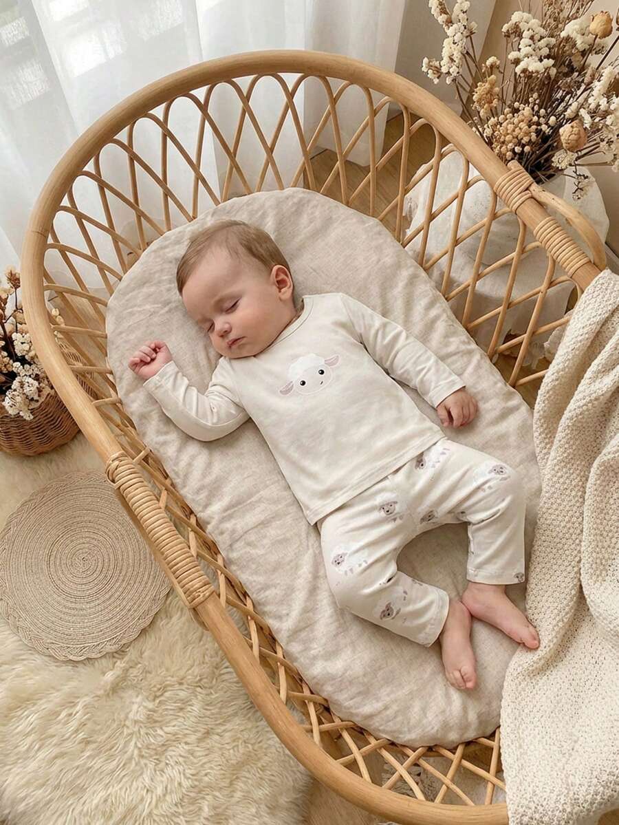 2pcs Baby/Toddler Boys Cute Sheep Print Crew Neck Long Sleeve Top And Allover Sheep Print Pants Soft Comfortable Pajama Set Baby Sleep Wear Pajama Baby Set Baby Pj Set Neutral Baby Clothes Unisex - Apricot - View 1