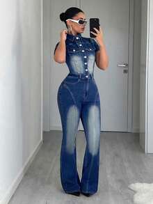 Jeanoix Women's Y2K Fitted Versatile Flare Jeans Overalls And Jumpsuit - Dark Wash - View 1