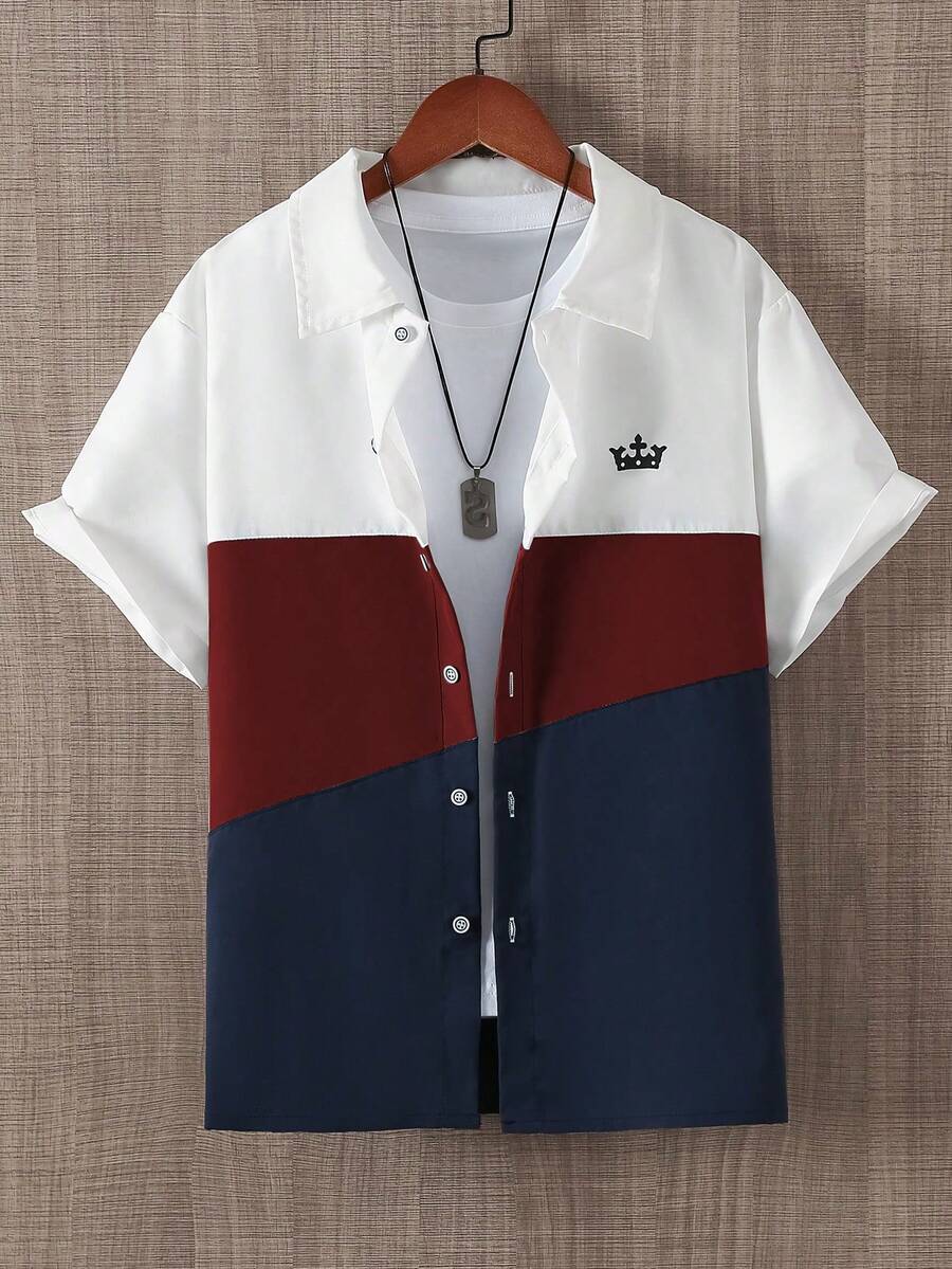 SHEIN Vacaura Camisa polo de manga corta casual con bloques de color y parches para adolescentes varones en verano - Burdeos - Ver 1