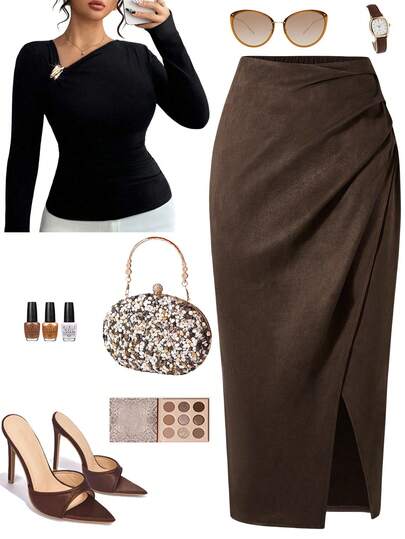 Femmeverse 大码女装复古法式休闲简约百褶前开衩A字裙，高腰显瘦弹力腰身时尚紧身性感优雅OL通勤修身裙，秋冬款