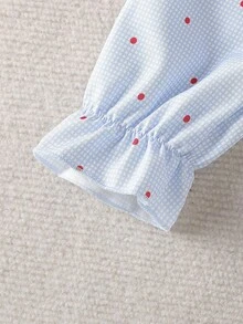 两件套女童波点格纹印花梭织开衫，带领子和荷叶边，长袖上衣和裤子睡衣套装，春秋季 - 藍色 - 查看 7