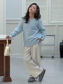 DAZY Tween Girl Solid Color Drop Shoulder Long Sleeve Loose Casual Minimalist Knit Pullover Sweater Spring - Baby Blue - View 2