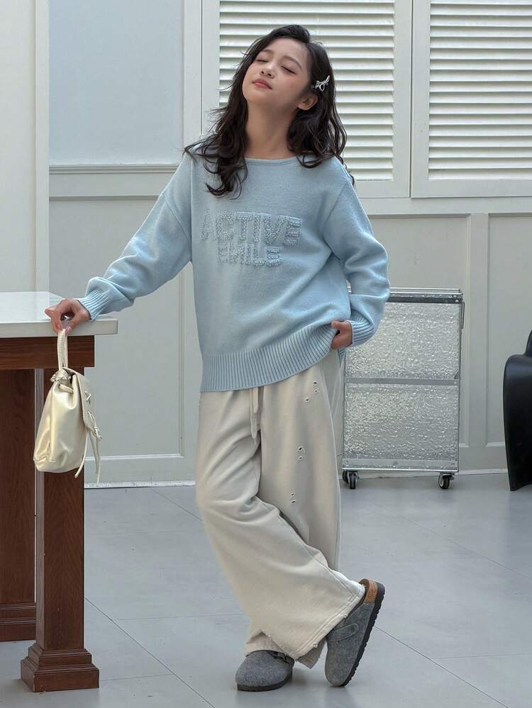 Tween Girl Solid Color Drop Shoulder Long Sleeve Loose Casual Minimalist Knit Pullover Sweater Spring