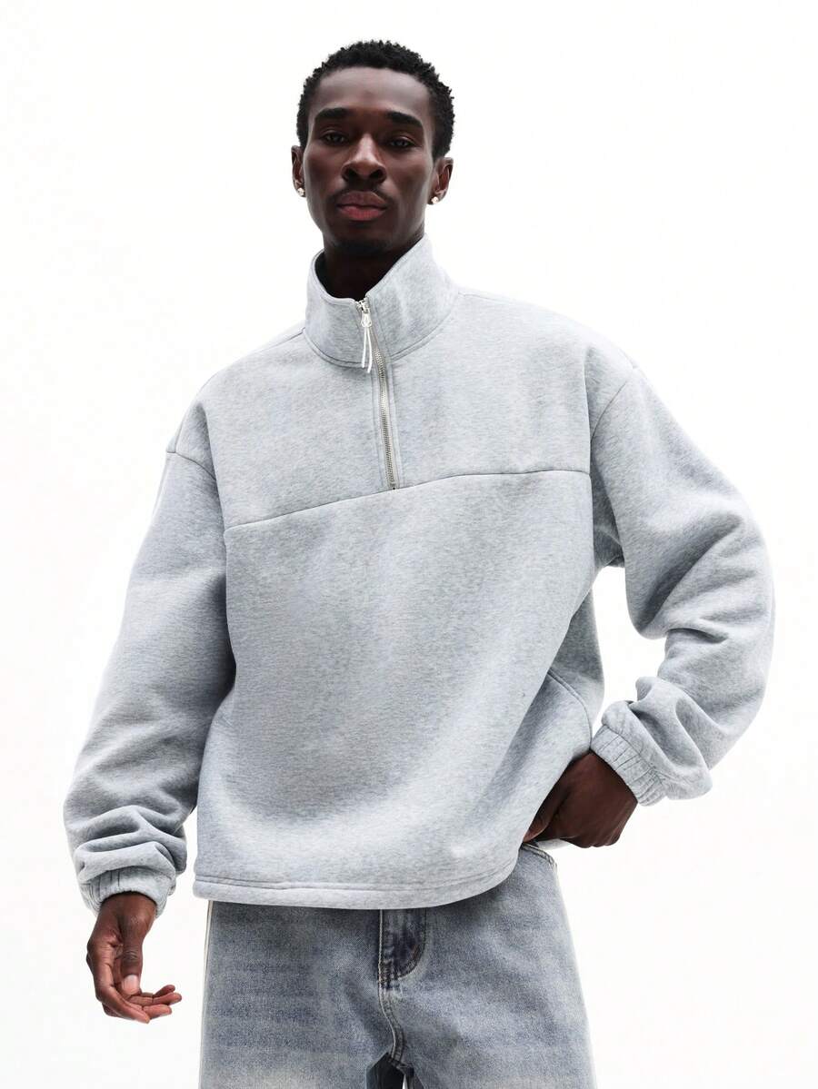 SUMWON 男士半拉链套头卫衣，漏斗领长袖，休闲周末冬季舒适款纯色 - 灰色 - 查看 1