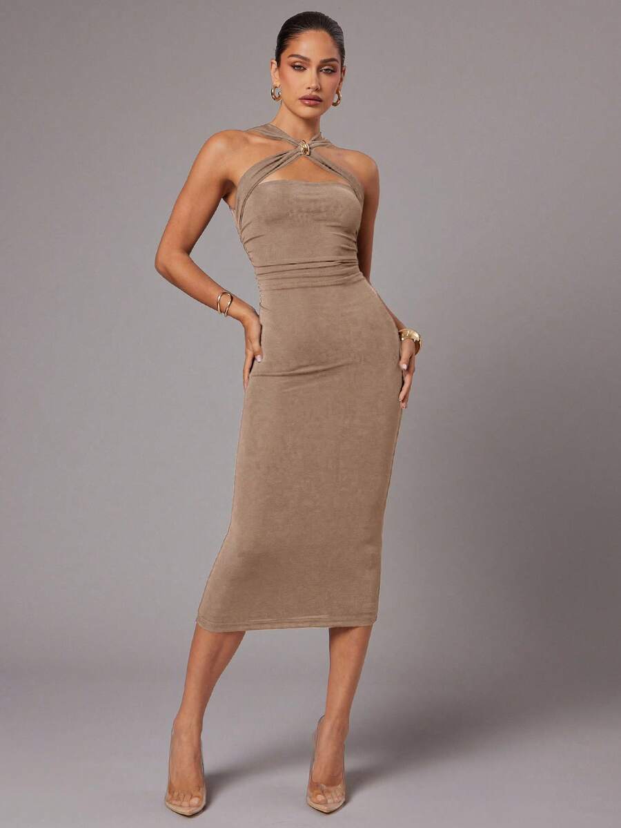 Silquee Women's Sleeveless Solid Color Metal Decor Dress - Brown - View 1