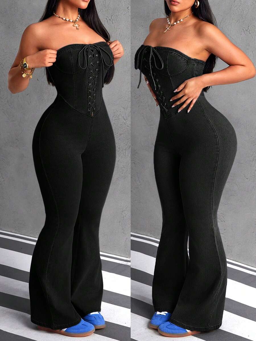 SHEIN ICON 女士休闲时尚前系带修身牛仔连体裤 - 黑色 - 查看 1