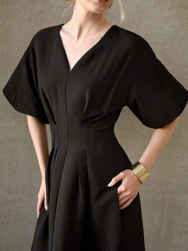 SWEETHEART NECK CINCHED WAIST LANTERN SLEEVE A-LINE MID-LENGTH DRESS, VERSATILE FOR EVERYDAY WEAR