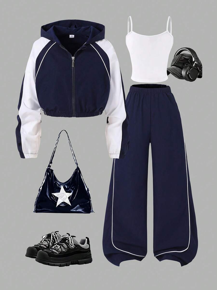 Sparklyn 3pcs/Set Tween Girl Casual Outfit, Includes: Hooded Zip-Up Short Jacket With Ribbed Trim, White Camisole, And Wide Leg Pants, Autumn Ensemble - Blue and White - View 1