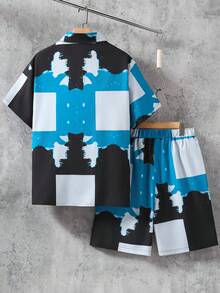 2件套青少年男童夏季时尚条纹拼接Polo领短袖衬衫和休闲短裤套装 - 藍色 - 查看 2