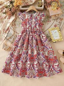 SHEIN Vestido casual de fiesta de longitud media con estampado floral, mangas cortas y cintura para niñas, verano - Multicolor - Ver 3