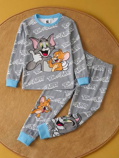 TOM & JERRY X SHEIN 2pcs/Set Young Boy Cartoon Pattern Colorblock Round Neck Long Sleeve Top And Pants Casual Tight-Fitting Pajamas Cartoon Pajamas Little Boys Pajama Pajama Set Snug Fit Kids Pajamas