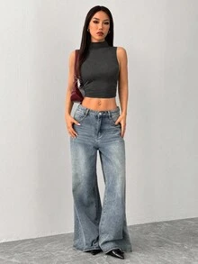 SHEIN PETITE 女士黑色高领褶皱背心 - 深灰色 - 查看 6