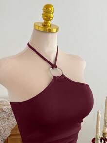 Elamini 女士金属环装饰吊带迷你连衣裙 - 酒紅色 - 查看 3