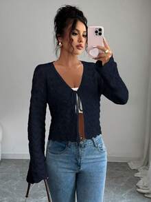 Elenzga Women's Elegant Tie-Up Hollow Out Flare Sleeve Lightweight Cardigan, Autumn - Navy Blue - View 4