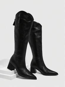 Daringsoles 女士尖头侧拉链设计时尚日常通勤百搭高跟过膝长靴 - 黑色 - 查看 8