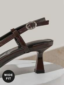 SHUZIA Women's Wide-Fit Elegant Pointed Toe Sling-Back Rhinestone Buckle Bow Decor Kitten Heel Pumps Valentine's Day - Brown - View 7