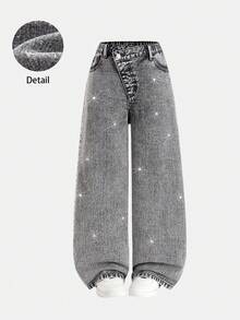 SHEIN ChillGRL Tween GirlsGrey Fashionable Casual Rhinestone Embellished Loose Wide-Leg Washed Denim Jeans - Light Grey - View 6