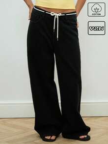 COUREZ 宽松牛仔裤，配抽绳腰带 / 女士夏季穿搭 / Y2K / 休闲 / 纯棉高街复古风 - 黑色 - 查看 1