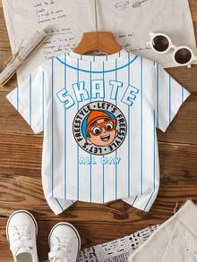 Blippi X SHEIN Young Boy Striped & Cartoon Figure Graphic Round Neck Short Sleeve T-Shirt - White - View 2