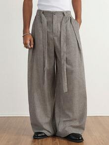 TOKVUE 男士复古休闲通勤条纹阔腿裤，美拉德风格，男士阔腿裤，男士褶裥裤，男士宽松裤，街头热销INS风裤装，格子宽松直筒裤，美式休闲休闲裤，日常男友/老公礼物，周年纪念礼物，圣诞节穿搭，复古商务休闲裤，秋冬 - 棕色 - 查看 1