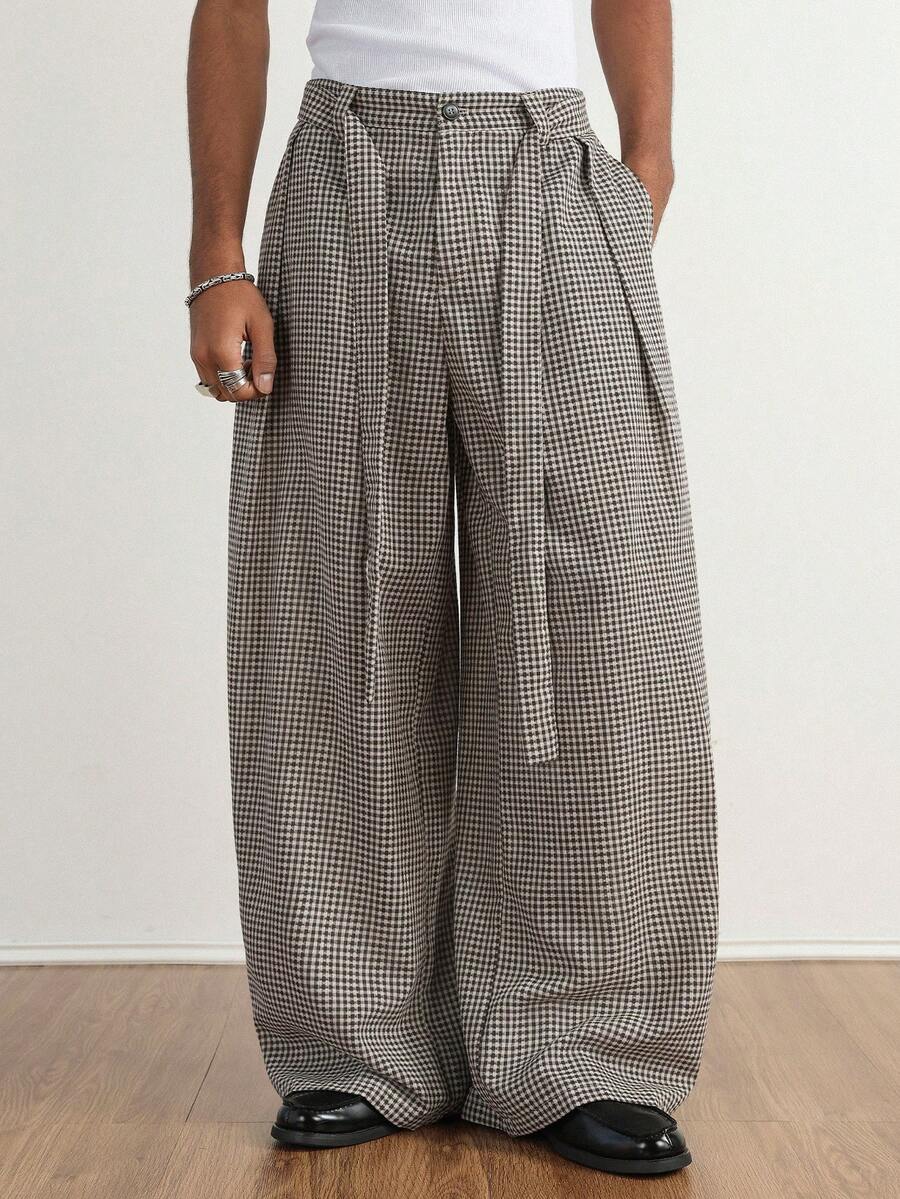 TOKVUE 男士复古休闲通勤条纹阔腿裤，美拉德风格，男士阔腿裤，男士褶裥裤，男士宽松裤，街头热销INS风裤装，格子宽松直筒裤，美式休闲休闲裤，日常男友/老公礼物，周年纪念礼物，圣诞节穿搭，复古商务休闲裤，秋冬 - 棕色 - 查看 1