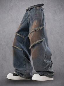 Manfinity Denimwave 复古美式设计流苏层叠水洗宽松阔腿牛仔裤 - 深色水洗藍 - 查看 4