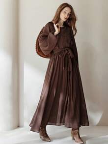 Aveloria Modichic Đầm nữ mùa Thu/Đông mới, tay phồng, màu cà phê trơn, dáng rộng, cổ tròn, đa năng, cài cúc và thắt nơ, tay dài, thướt tha. - màu nâu - Xem 5