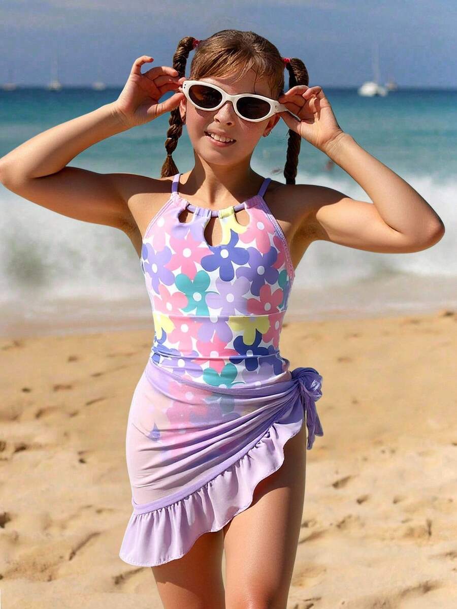 SHEIN 女童连体泳衣，带网纱罩衫，可调节肩带，镂空泳装 - 彩色 - 查看 1