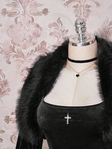 SHEIN ICON 大码仿毛领天鹅绒外套，两件套：天鹅绒连衣裙圣诞两件套性感约会之夜装扮优雅红色圣诞连衣裙优雅派对礼服 - 黑色 - 查看 4