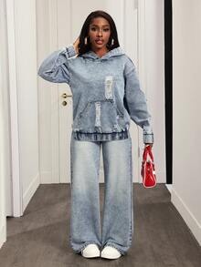 Slaydiva Women's Casual Washed Distressed Hooded Denim Jacket - Blue - View 5