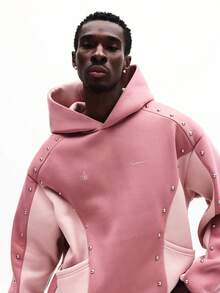 SUMWON Boxy Fit Tonal Paneled Overhead Hoodie With Metal Studs Centre Pocket Casual Streetwear Long Sleeve Plain - Pink - View 5