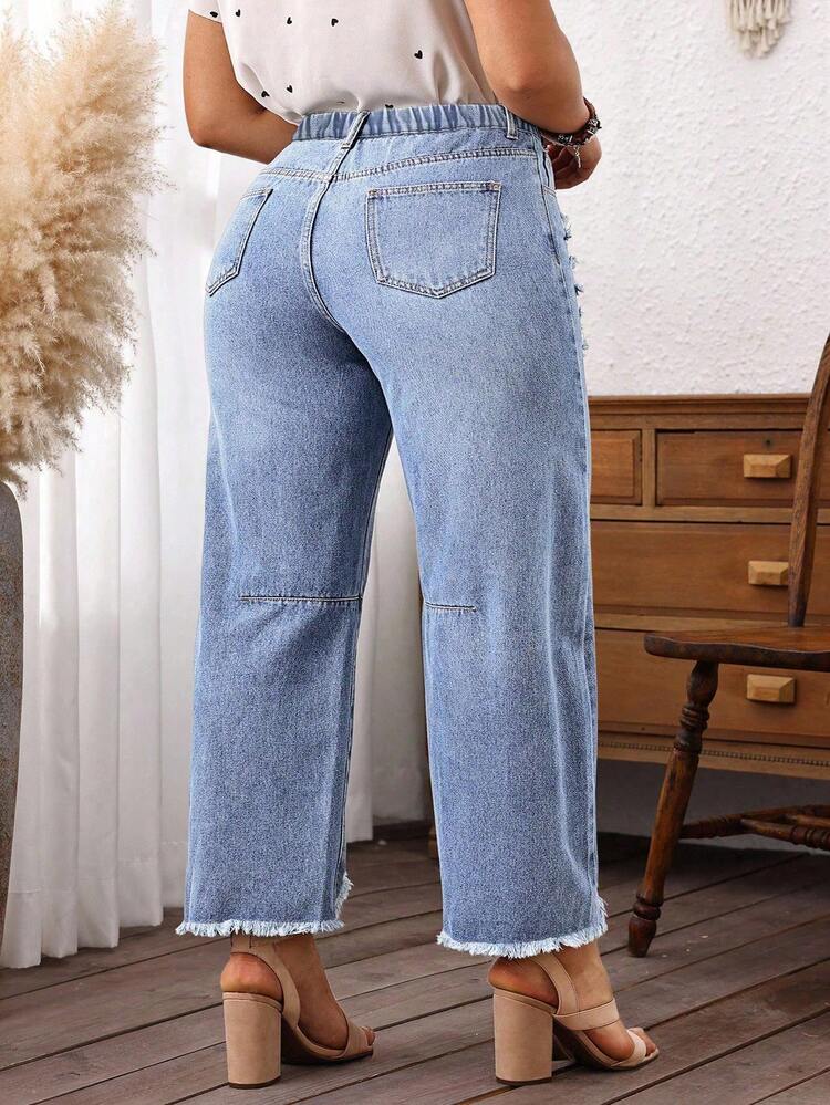 Jeans cortos holgados de talla grande para mujer con dobladillo deshilachado y desgastado, color azul vaquero, elásticos, para atuendos de rodeo - Azul - Añade 2