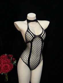 1 件女士性感镂空网眼无袖露背开裆连体衣 - 黑色 - 查看 4