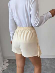 Selianne Pantalones cortos plisados tipo A para mujer, elegantes, románticos, refinados y de estilo minimalista para ir al trabajo - Albaricoque - Ver 2