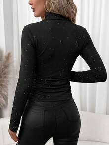 SHEIN Clasi 女士休闲高弹金属亮片高领长袖T恤，适合秋冬季节，百搭内搭 - 黑色 - 查看 11