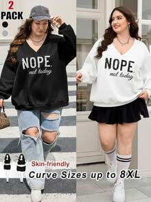 SHEIN CURVE+ ملابس نسائية للحجم الكبير/ملابس الخريف/ملابس الشتاء للنساء/ملابس الشتاء 2 قطعة/مجموعة حجم كبير بتصميم فضفاض وياقة على شكل حرف V مع طباعة حرف NOPE، مناسبة للخريف/الشتاء، بلوزات رياضية للحجم الكبير، بلوزات رياضية للنساء ذوات الحجم الكبير، بلوزات طويلة الأكمام للحجم الكبير، بلوزات رياضية بياقة على شكل حرف V للحجم الكبير/الخريف/الشتاء - أبيض وأسود - مشاهدة 8