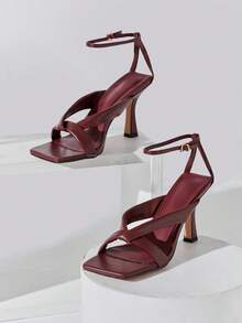 SHUZIA Sandalias de tacón alto de punta cuadrada elegantes para mujer - Burdeos - Ver 7