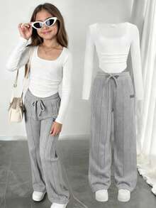 SHEIN Tween Girl Casual Street Style Ruched U-Neck Long Sleeve Ribbed Knit Fitted T-Shirt And Pleated Wide Leg Sweatpants Set, Suitable For Home, Outings, And School - White - View 1