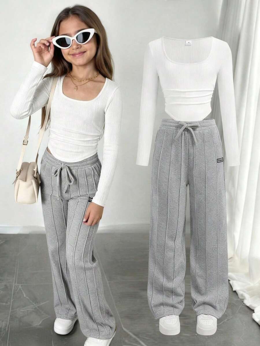 SHEIN Tween Girl Casual Street Style Ruched U-Neck Long Sleeve Ribbed Knit Fitted T-Shirt And Pleated Wide Leg Sweatpants Set, Suitable For Home, Outings, And School - White - View 1